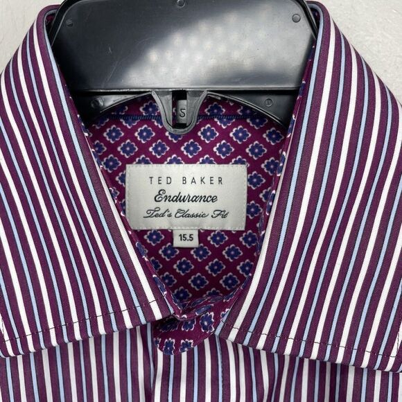 TED BAKER Shirt Mens 15.5 Endurance Purple Striped Floral Trim Dress Classic-Fit - Picture 6 of 7